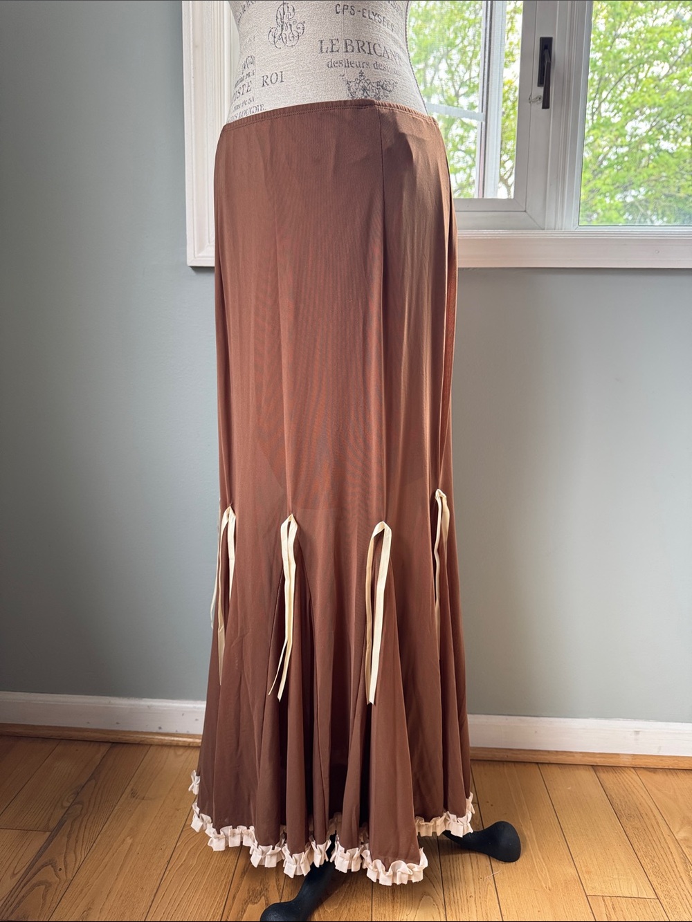 Cider chocolate Brown stretch ruffle trim retro look maxi skirt with bows 1XL - Picture 3 of 7